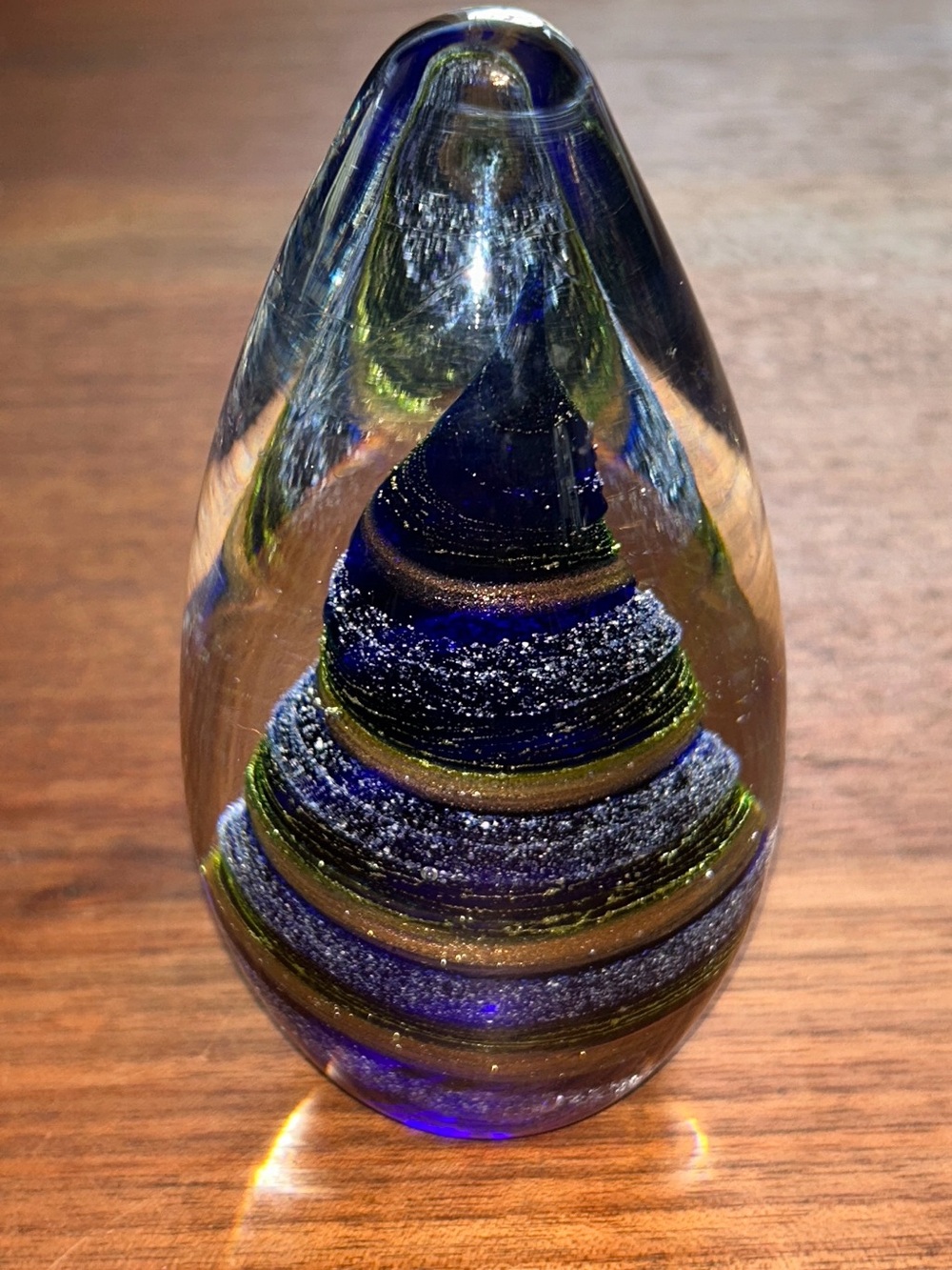 Blue Gold glitter Iridescent Art Glass Egg Teardrop Paperweight Swirl pattern 6"